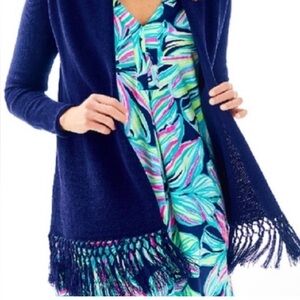 Lilly Pulitzer navy blue cardigan sweater with fringe